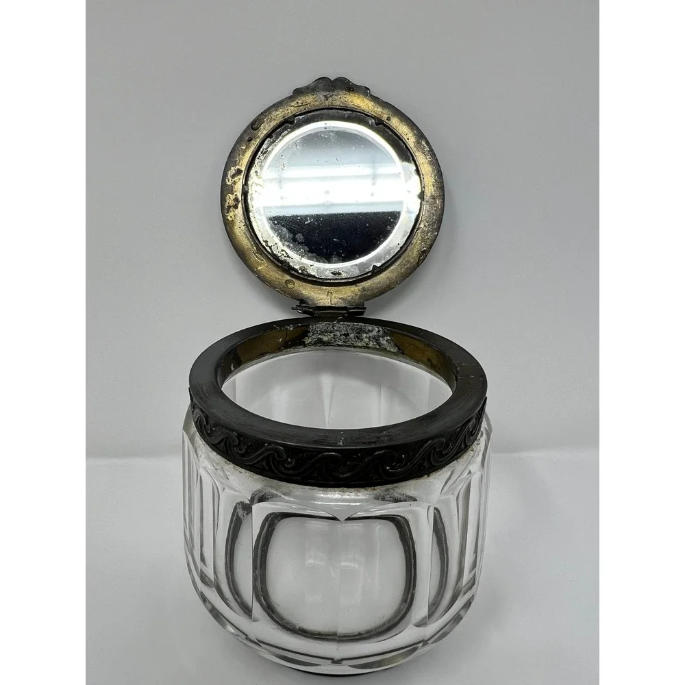 Antique Glass Jar Ornate‎ Metal Lid Portrait Miniature Art Deco Vanity Container